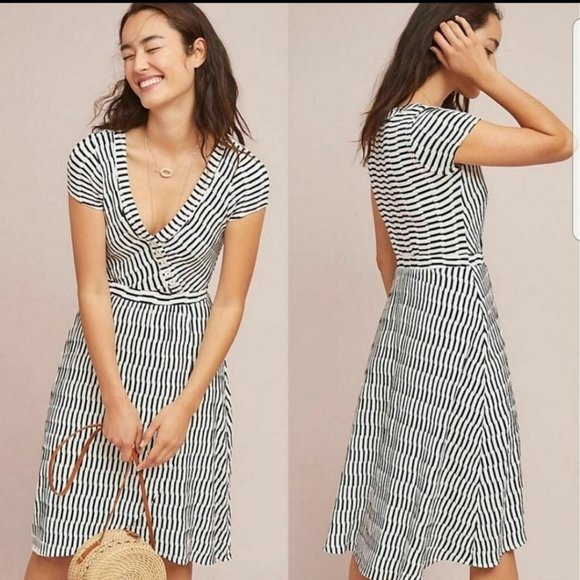 Maeve Anthropologie Paladino Dress Faux Wrap Puckered Stripe V-Neck Cap Sleeve S - Picture 2 of 11